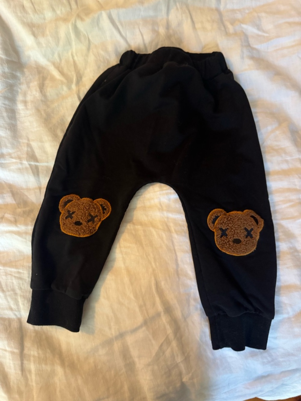 Be Cool Kids Black Jogger Pants with Brown Bear Patches - size 12 months